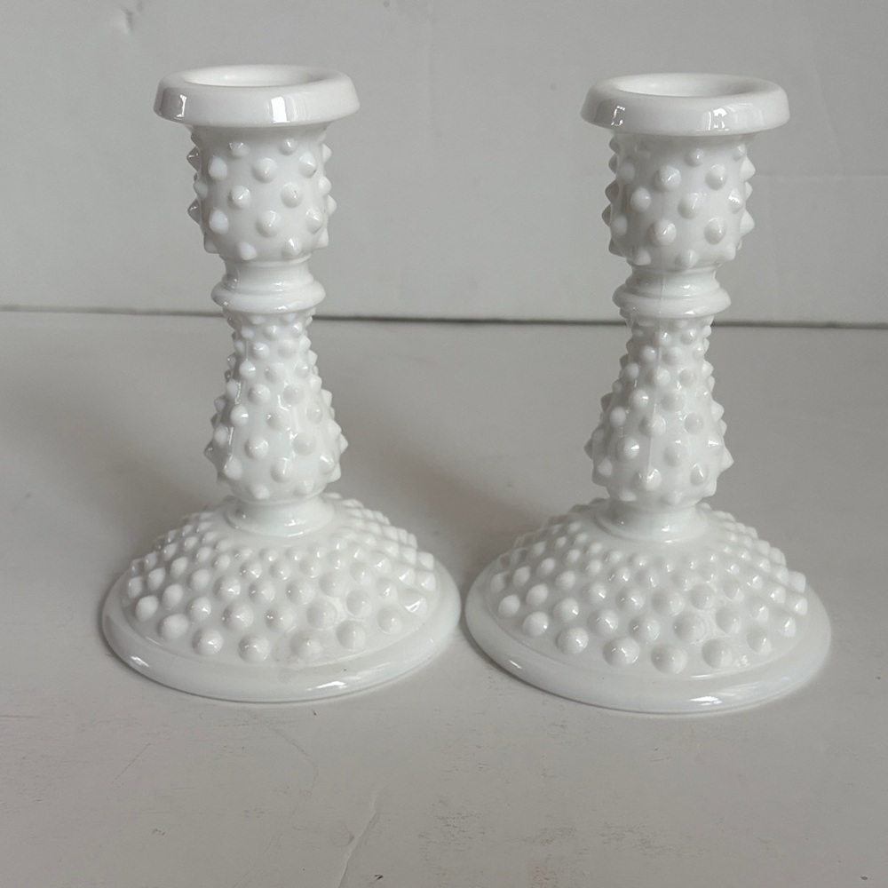 Milk glass (Fenton? unmarked) hobnail mid century candlestick holders